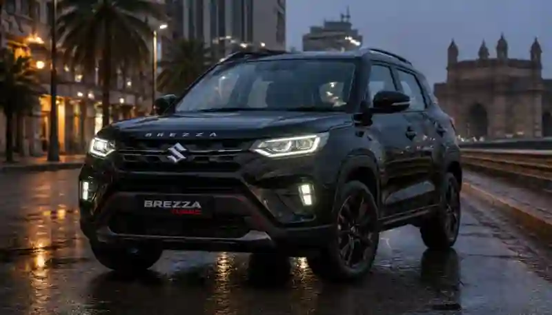Maruti Brezza Turbo black SUV rainy road