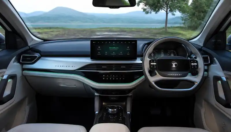  Tata Harrier EV interior dashboard touchscreen and cabin space layout