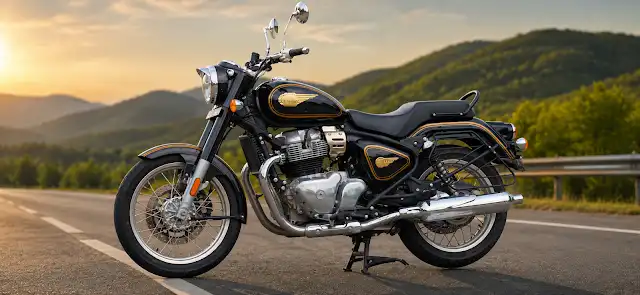Royal Enfield Bullet 650 full side profile standing on an open highway during sunset