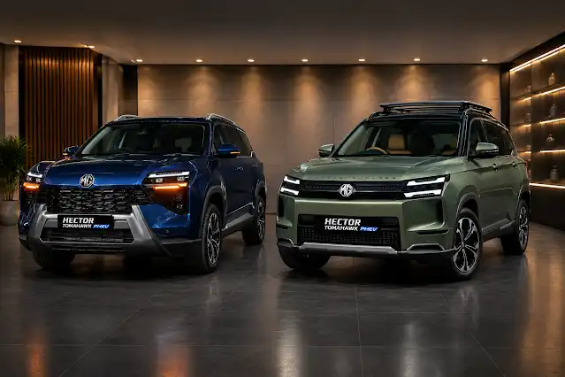 MG Hector Tomahawk EV and PHEV models standing side by side in studio showcase