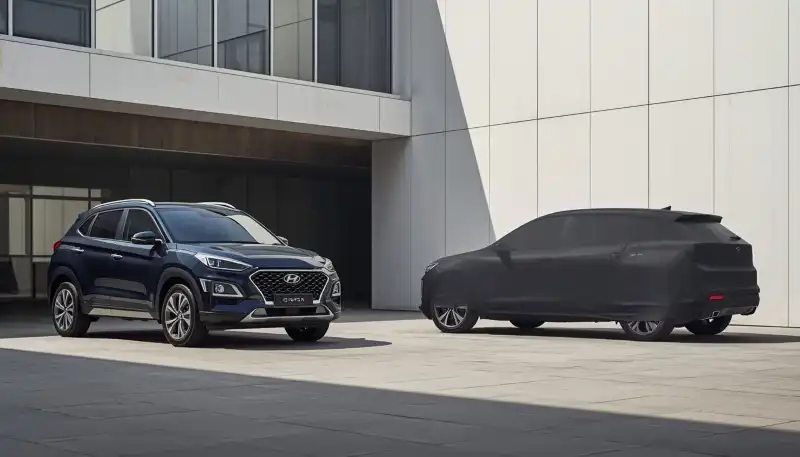 Current Hyundai Creta parked beside a covered, larger Next-Generation model outline