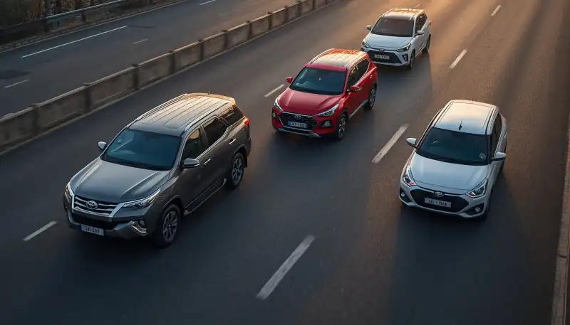 Four overhyped cars in India driving in city traffic during sunset