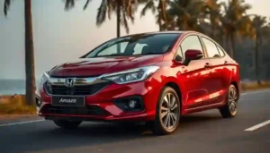 Honda Amaze compact sedan on Indian coastal road