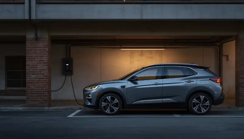 Compact EV parked in Indian home parking with wallbox charger setup