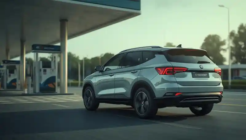 Brezza SUV at Indian fuel station 