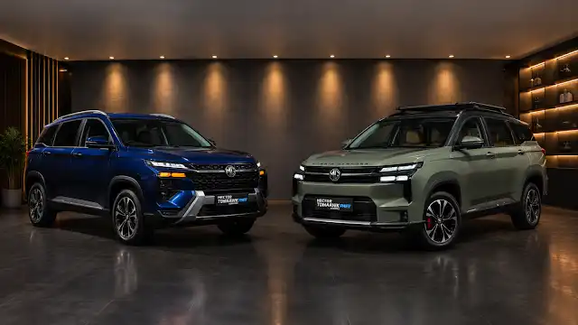 MG Hector Tomahawk EV and PHEV models standing side by side in studio showcase