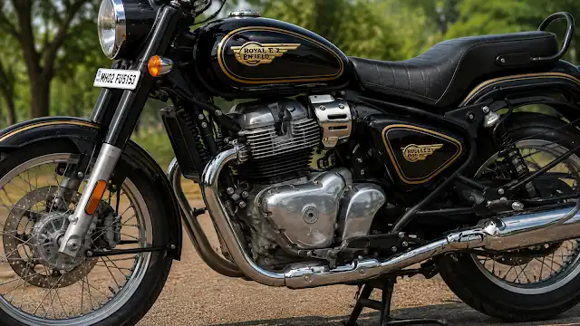 Royal Enfield Bullet 650 parallel-twin engine close-up with chrome exhaust pipes and golden tank badge