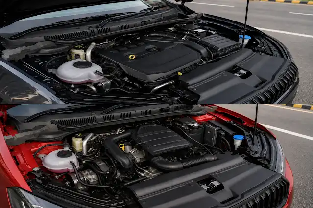 Skoda Slavia 1.5L TSI four cylinder and 1.0L TSI three cylinder engine bay comparison
