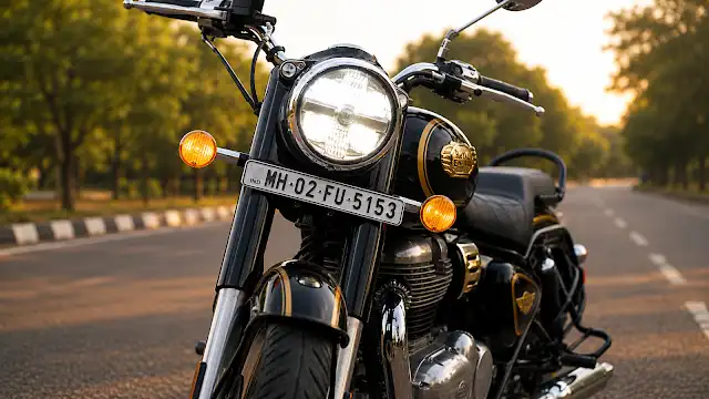 Royal Enfield Bullet 650 front view showing illuminated LED headlamp, classic chrome ring, and round turn indicators
