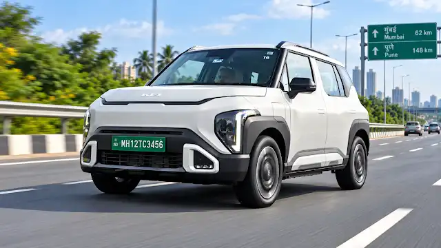 Kia Syros EV white color upright boxy stance on highway
