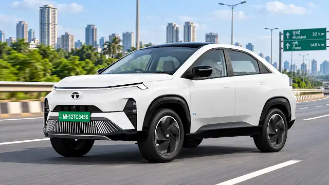 Tata Curvv EV white color front quarter stance and coupe profile