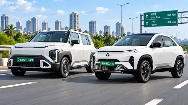 Kia Syros EV vs Tata Curvv EV front look highway driving comparison