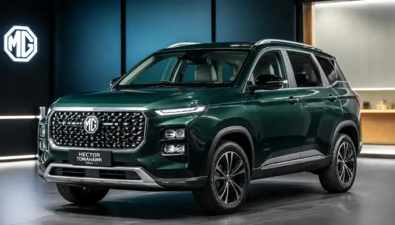 MG Hector Tomahawk PHEV front profile with chrome studded grille and LED DRLs